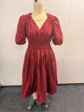 crown & ivy Cranberry Red Puff Sleeve Smocked Midi Dress